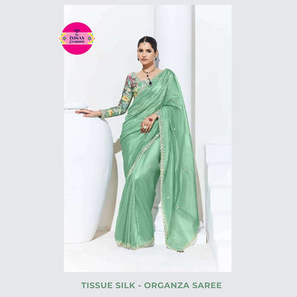 Tissue Silk Partywear Saree with Embroidered Blouse