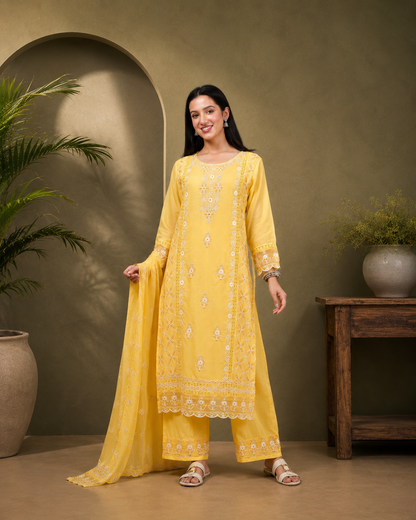 Yellow Cotton Embroidered Kurta Pant Set with Dupatta