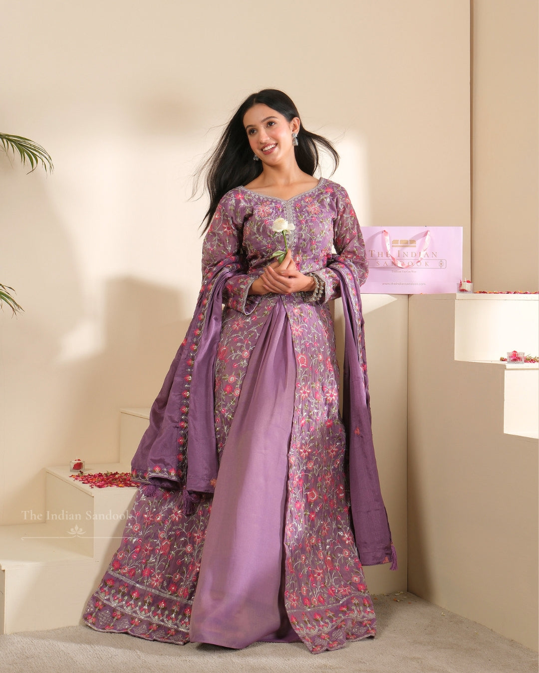 Lavender Georgette Gown with Heavy Embroidery & Dupatta | Party & Festive Wear