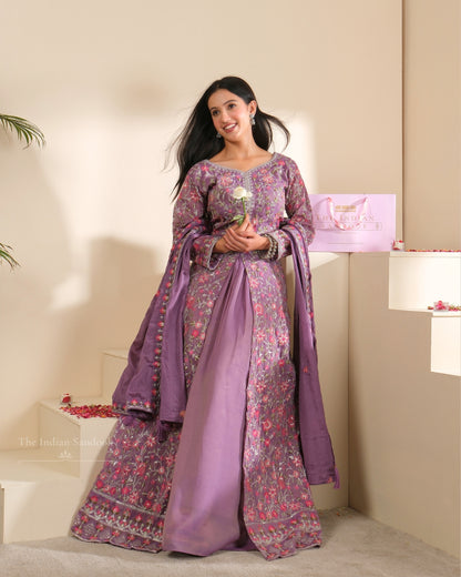 Lavender Georgette Gown with Heavy Embroidery & Dupatta | Party & Festive Wear