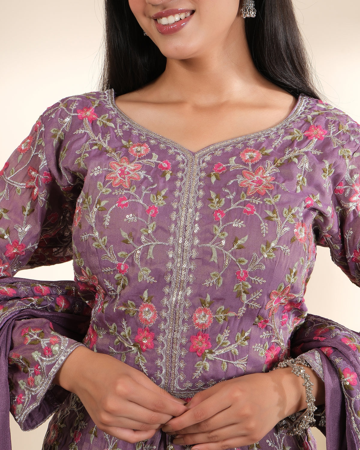 Lavender Georgette Gown with Heavy Embroidery & Dupatta | Party & Festive Wear
