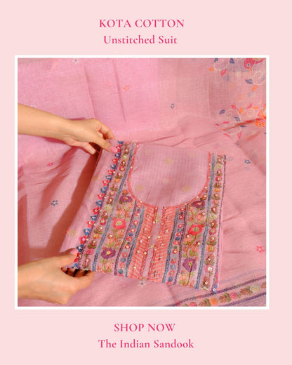 Blush Kota Printed Unstitched 3-Piece Suit with Embellished Neckline