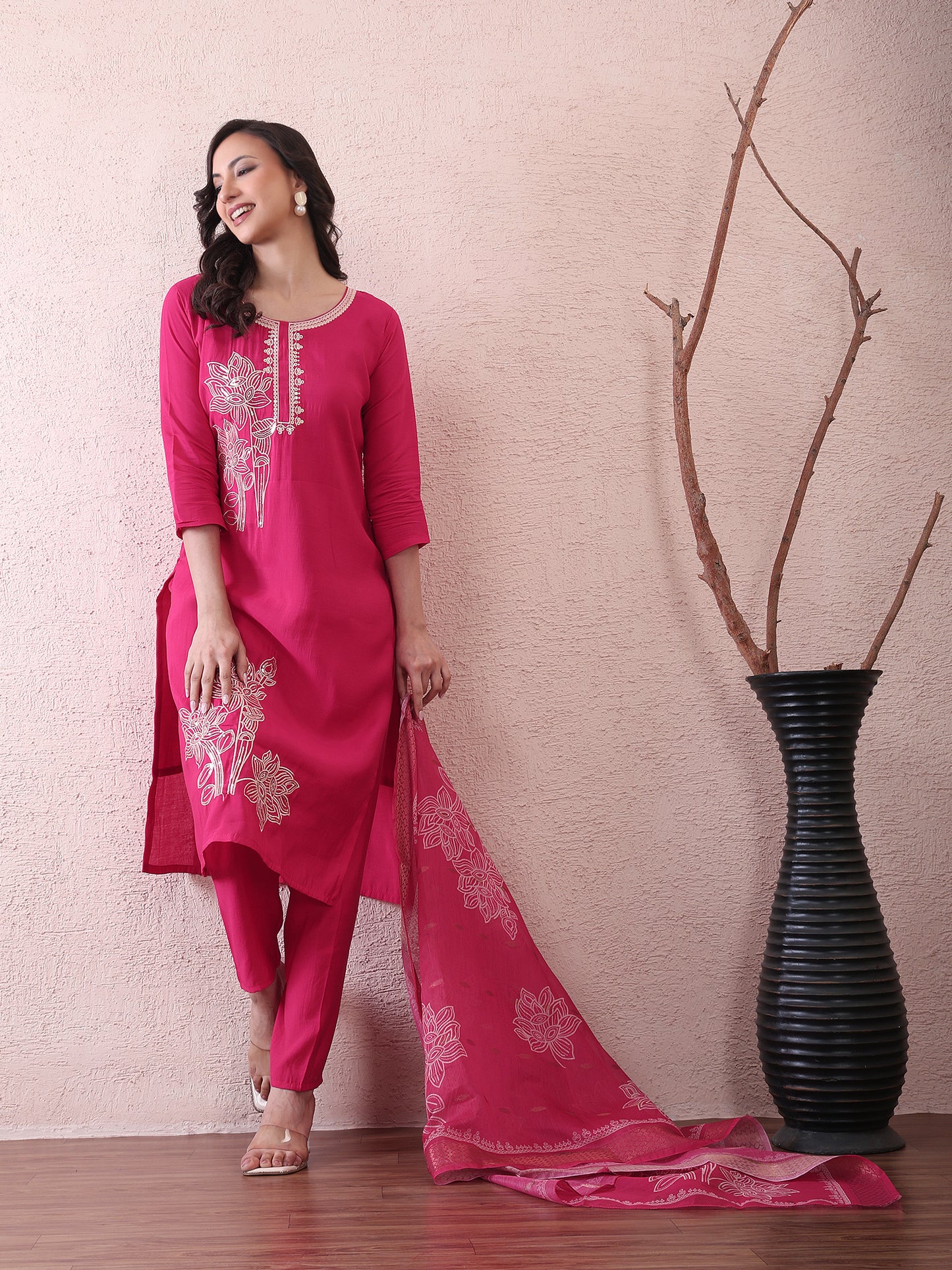 Fancy embroided pink kurta bottom and dupatta
