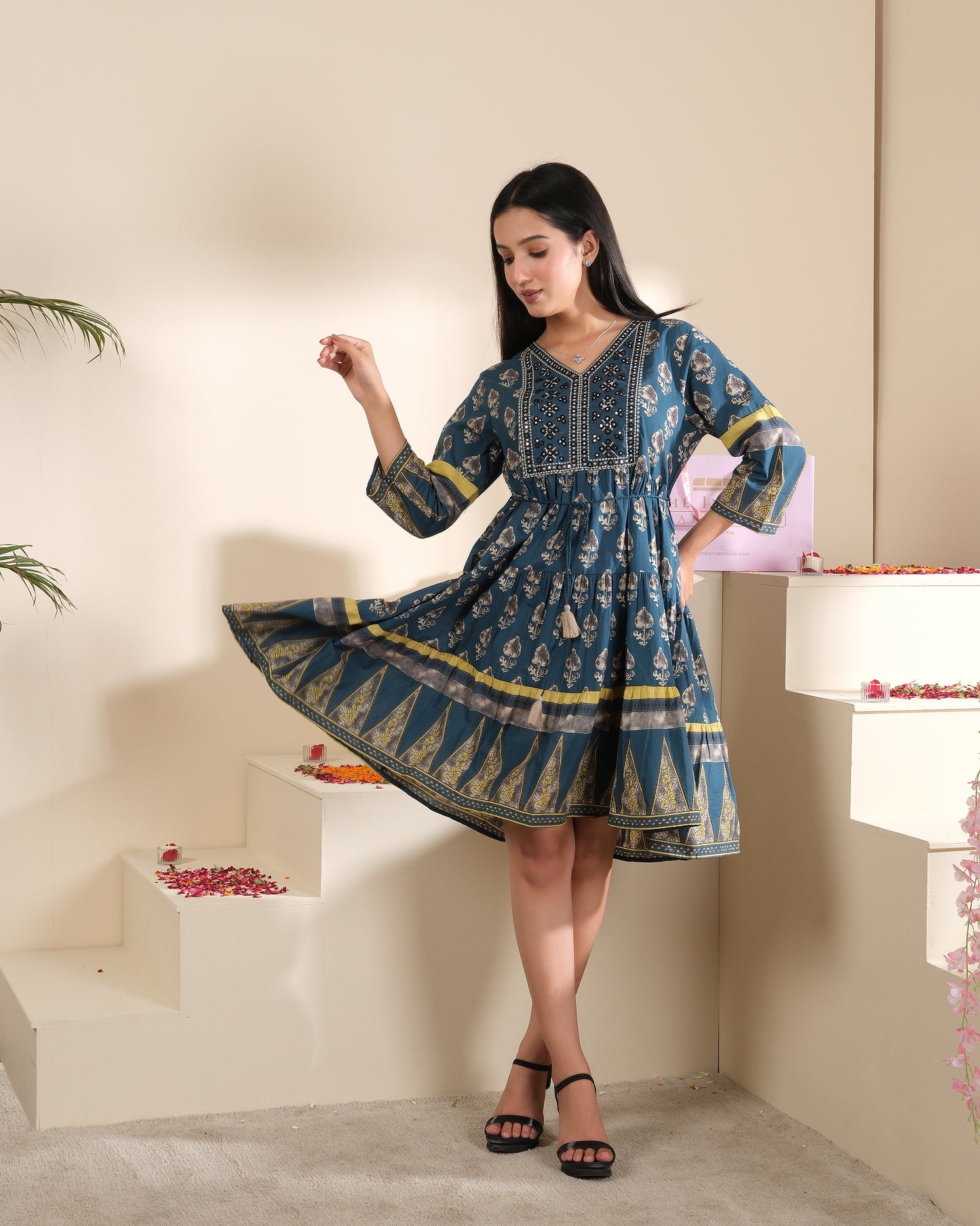 Ajrakh Belle Indigo Cotton Fit & Flare Dress for Women