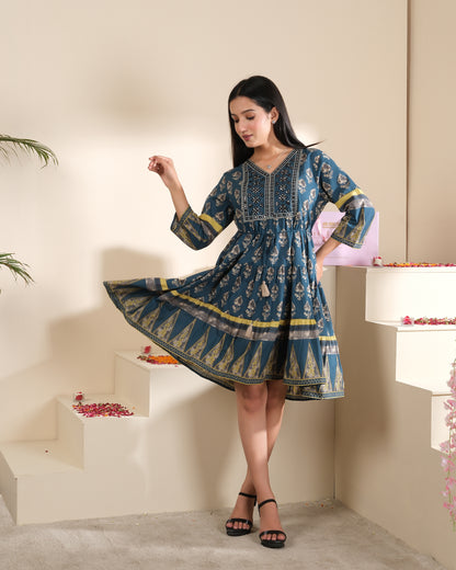 Ajrakh Belle Indigo Cotton Fit & Flare Dress for Women