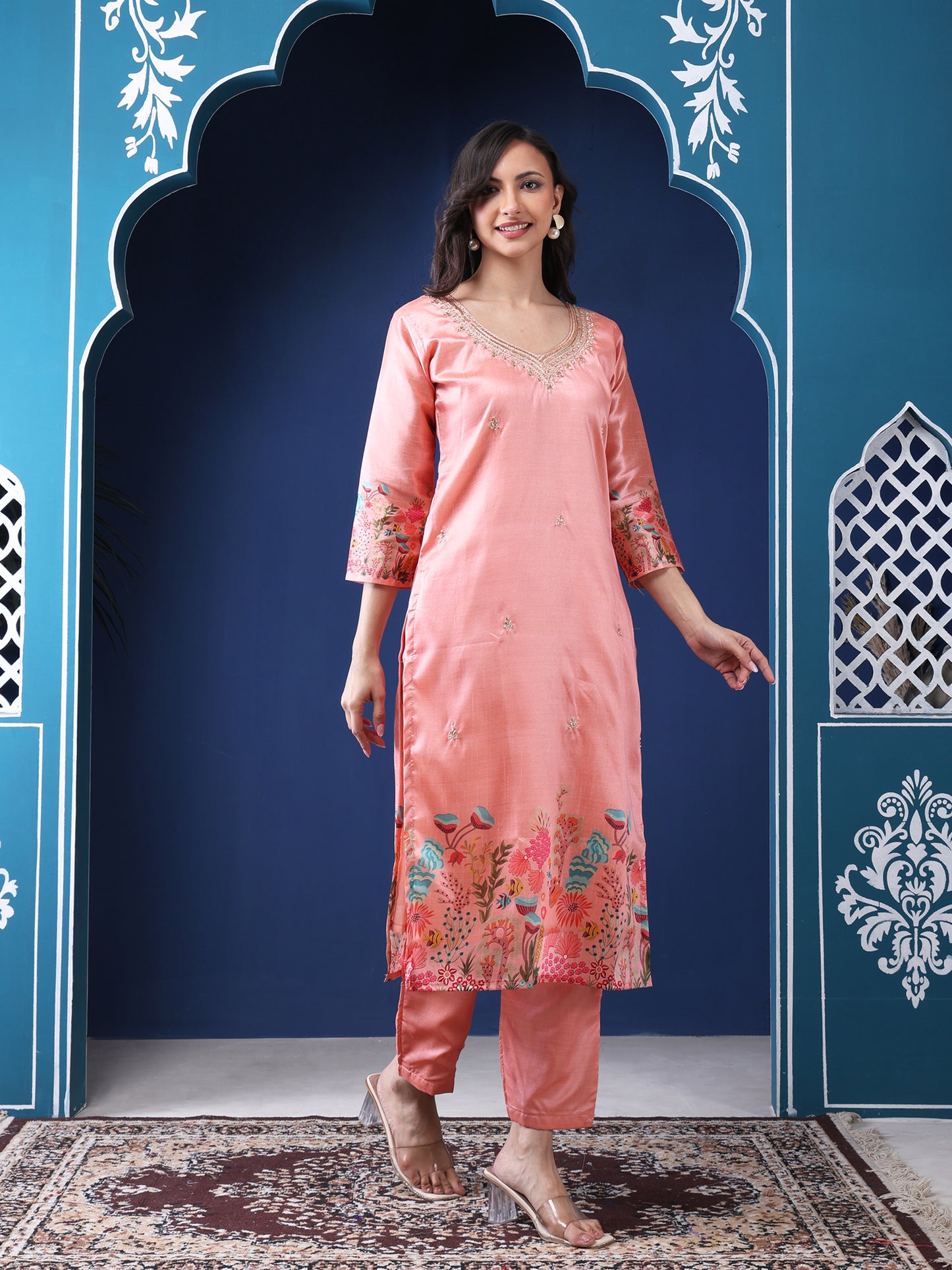 Phulwari Peach Kurta Set with Dupatta