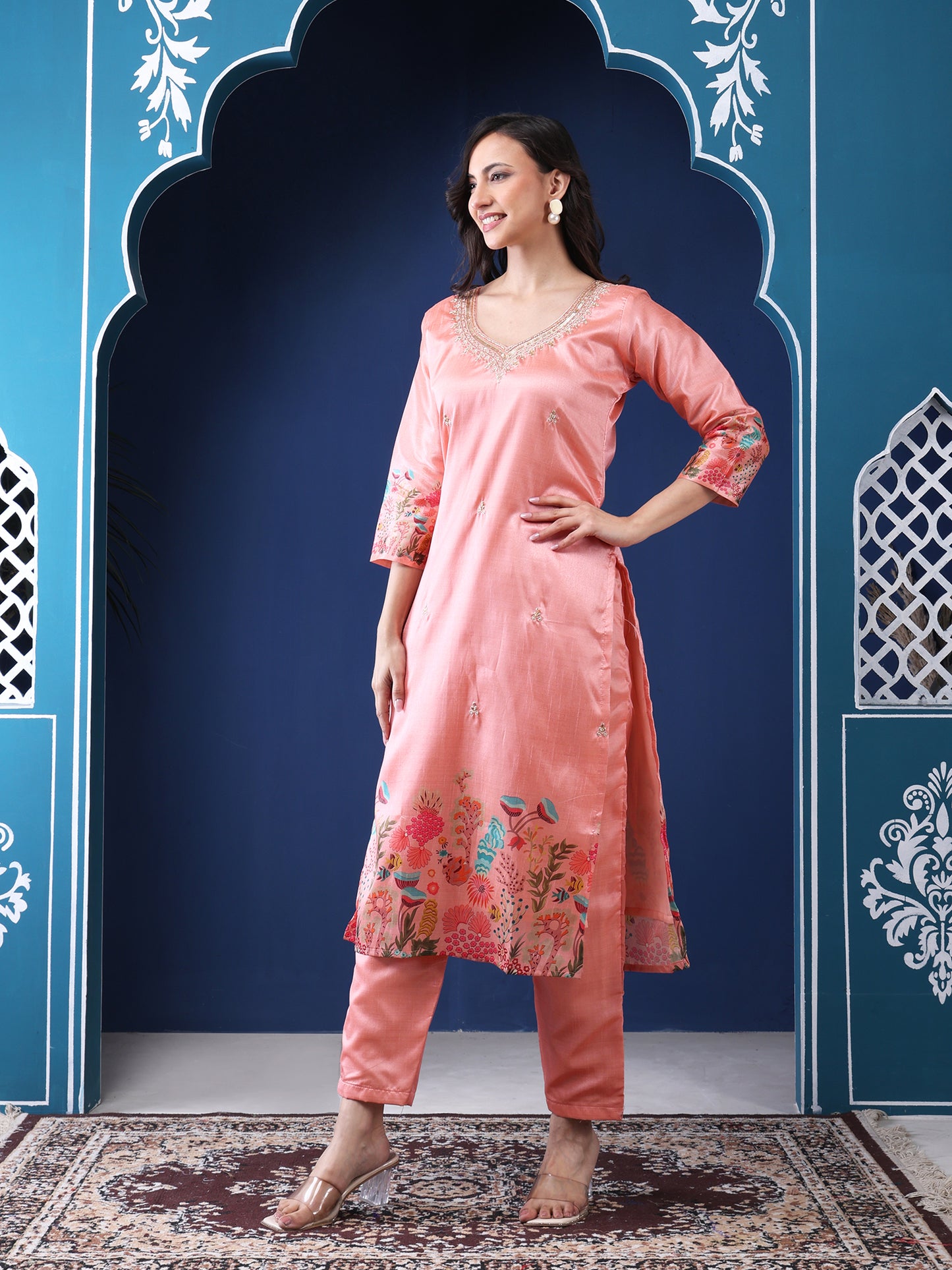 Phulwari Peach Kurta Set with Dupatta