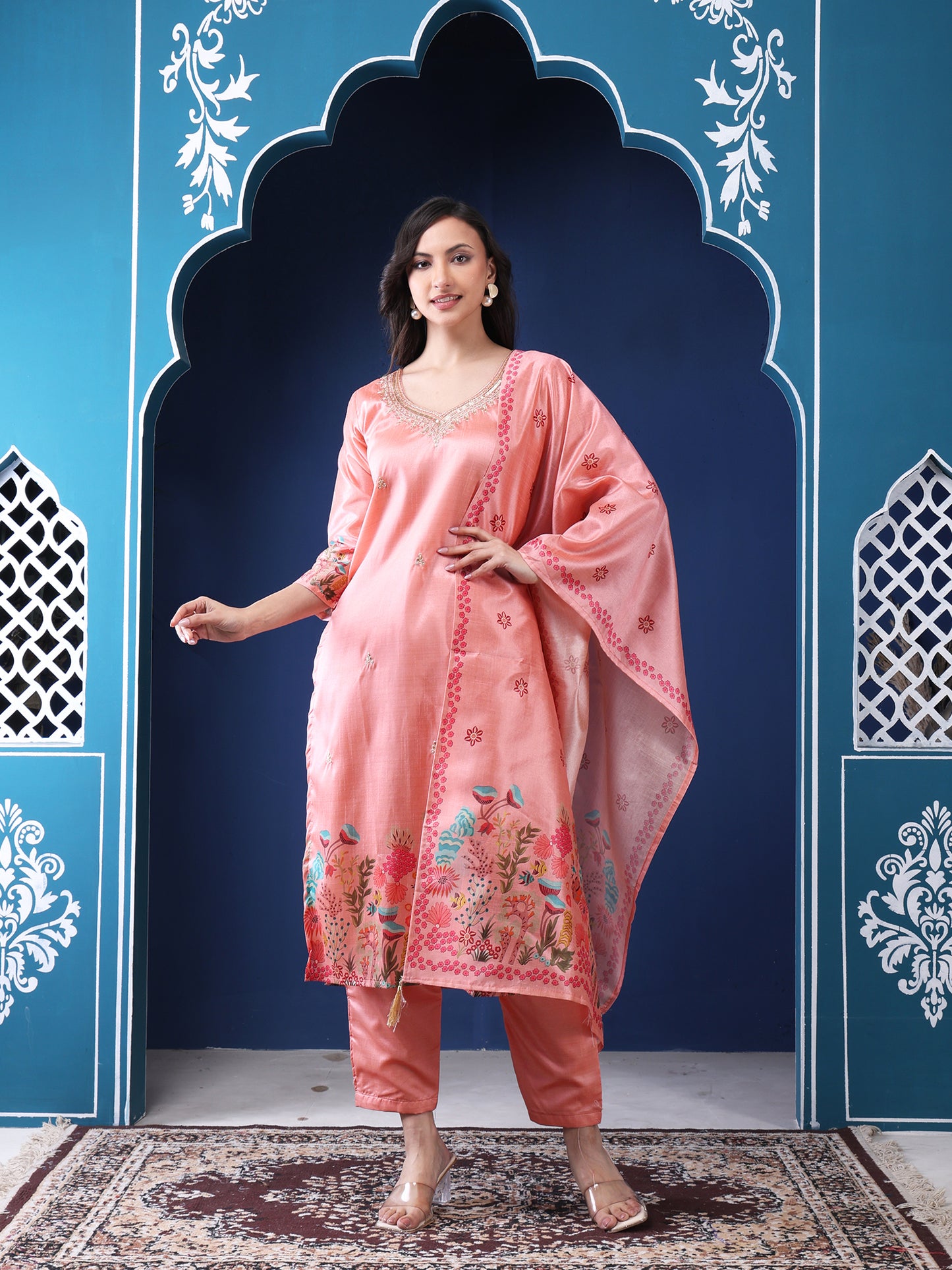 Phulwari Peach Kurta Set with Dupatta
