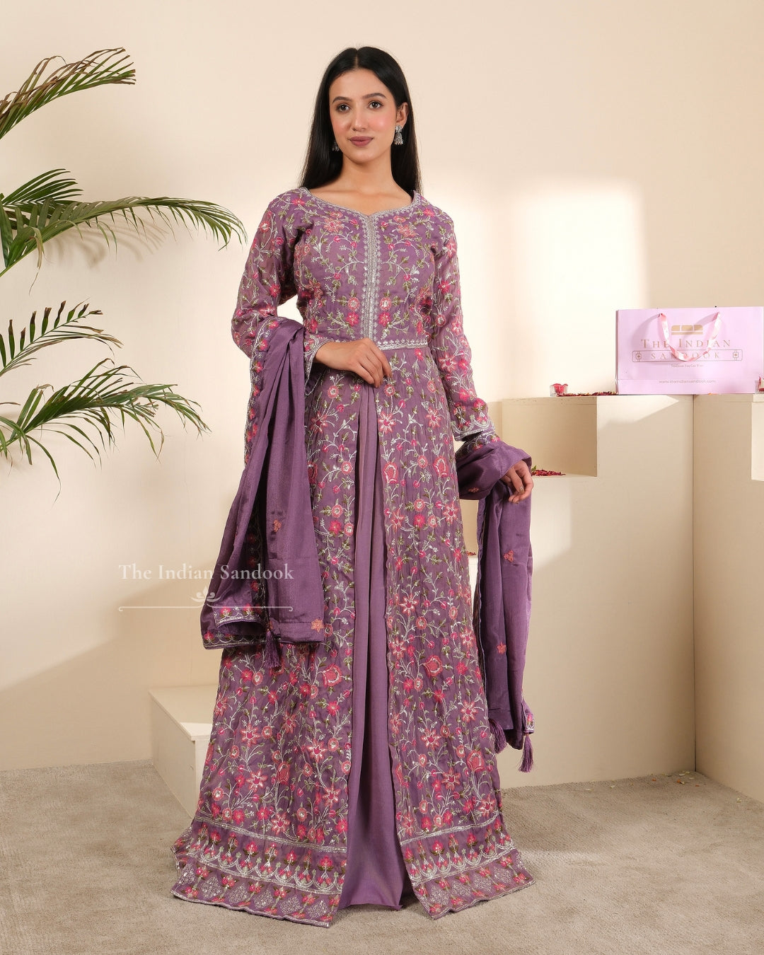 Lavender Georgette Gown with Heavy Embroidery & Dupatta | Party & Festive Wear