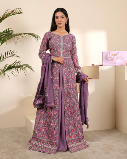 Lavender Georgette Gown with Heavy Embroidery & Dupatta | Party & Festive Wear