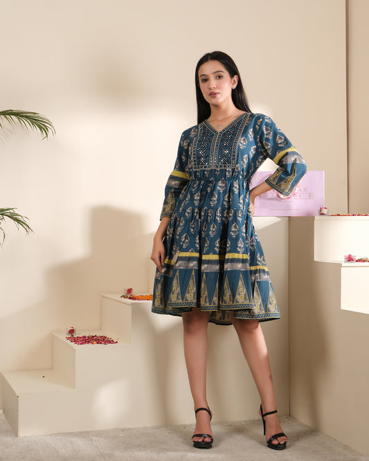Ajrakh Belle Indigo Cotton Fit & Flare Dress for Women
