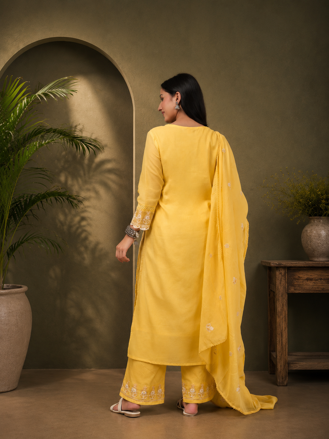 Yellow Cotton Embroidered Kurta Pant Set with Dupatta