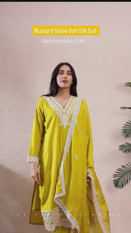 Sunlit Charm Yellow Soft Silk Suit Set with Lace Embroidered Dupatta